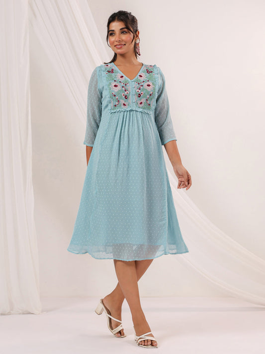 Janasya Women's Light Blue Dobby Chiffon Embroidered A-line Dress