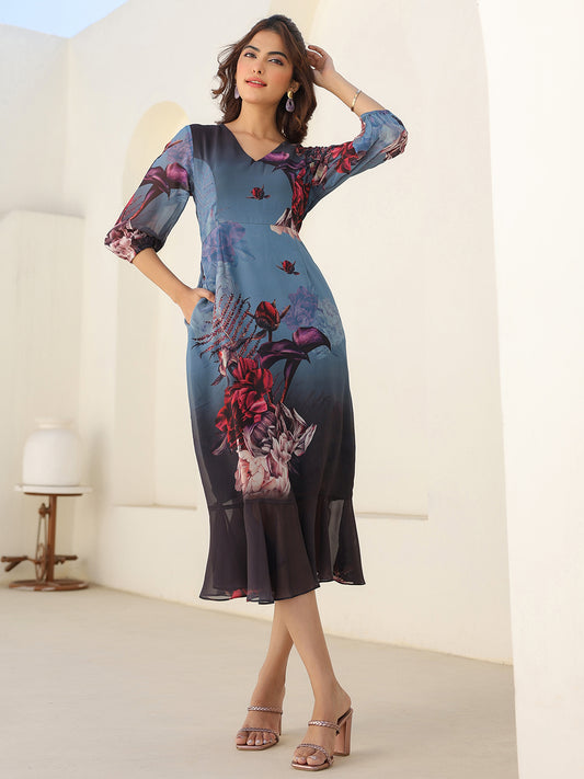 Grey Georgette Floral Printed A-line Dress