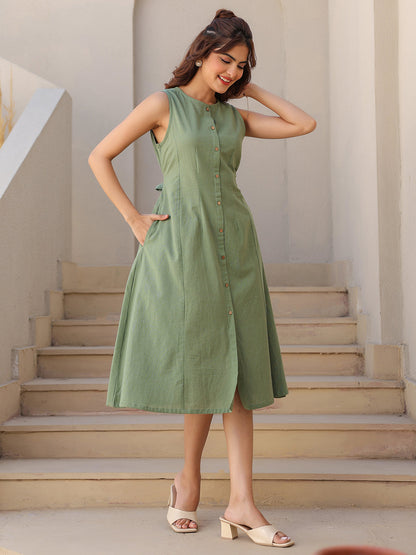 Green Cotton Solid A-line Dress