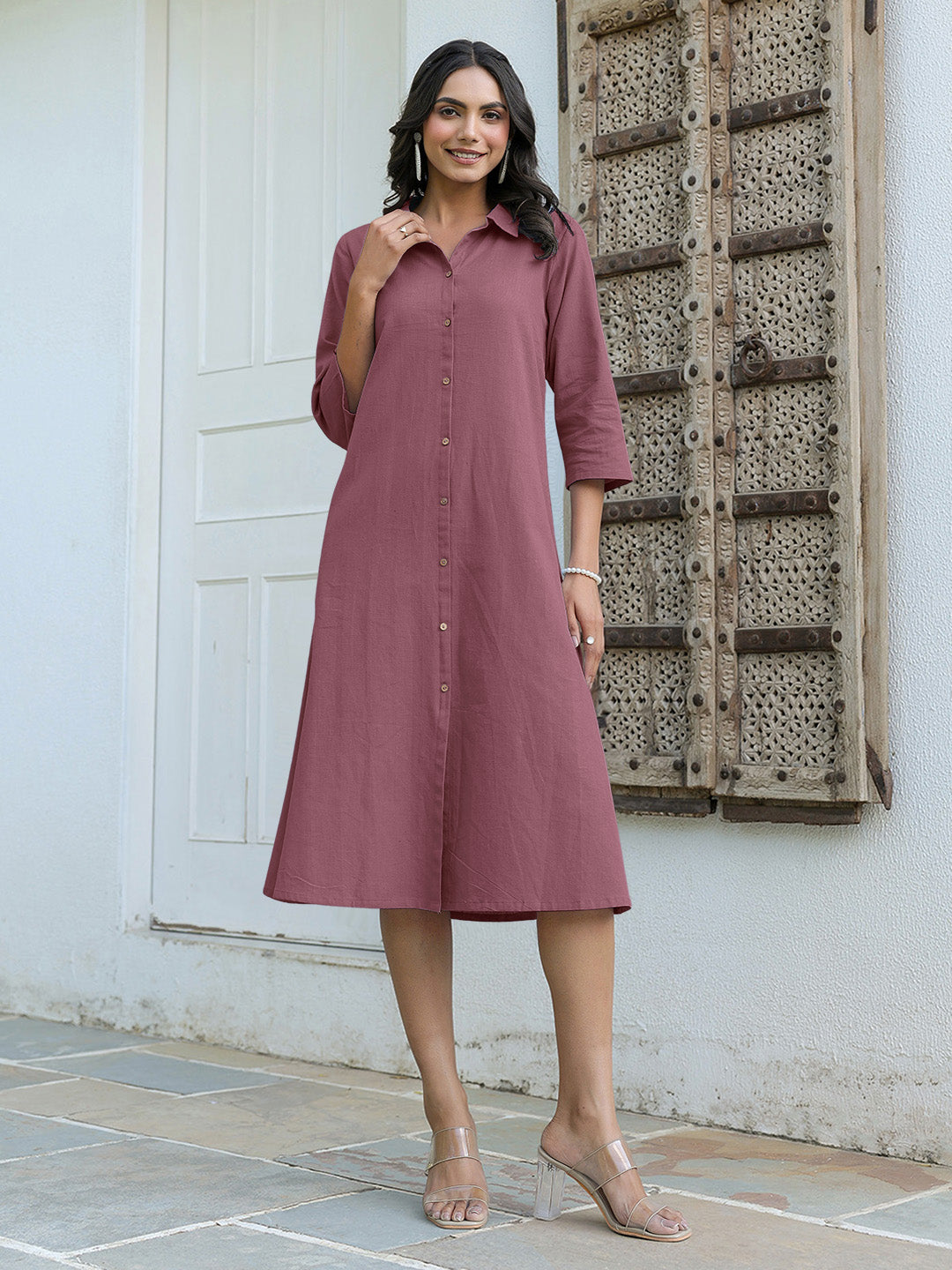 Mauve Cotton Solid A-line Dress  Threadbucket Studio LLP