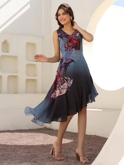 Grey Georgette Floral Printed Asymmetric Dress