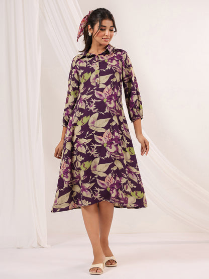 Janasya Women's Purple Rayon Floral Printed A-line Dress