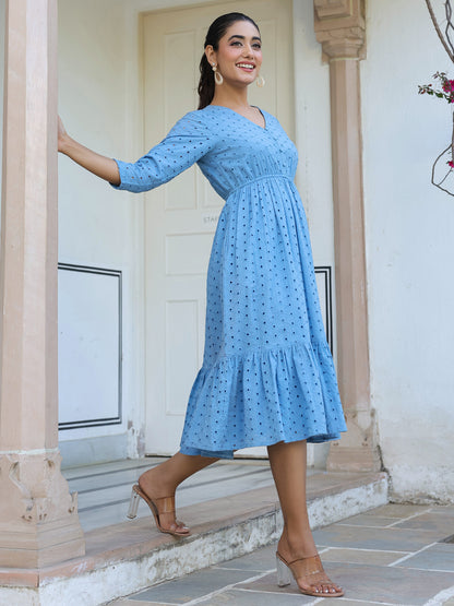 Janasya Women's Blue Pure Cotton Schiffli Fit & Flare Dress