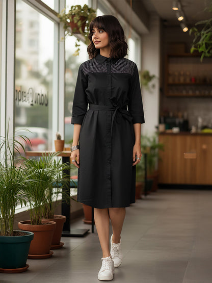 Janasya Women's Black Cotton Embellished A-line Button Down Shirt Dress