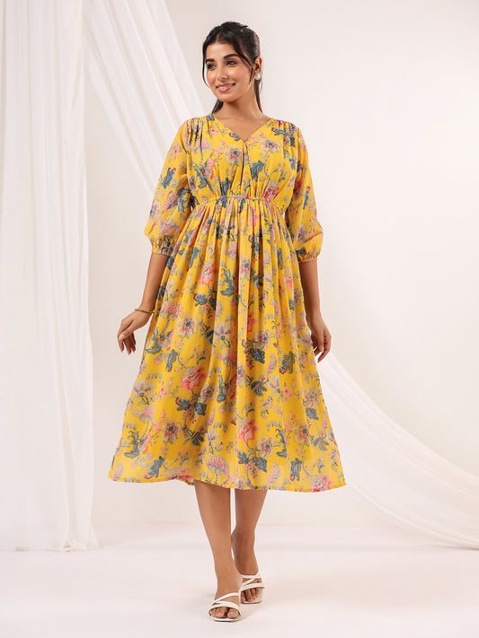 Janasya Women's Yellow Georgette Floral Printed A-line Dress