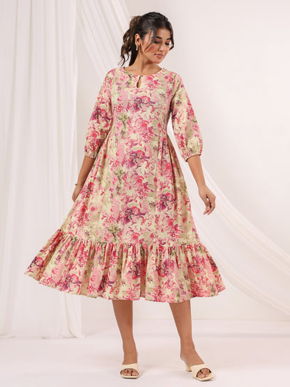 Janasya Women's Pink Pure Cotton Floral Printed A-line Dress