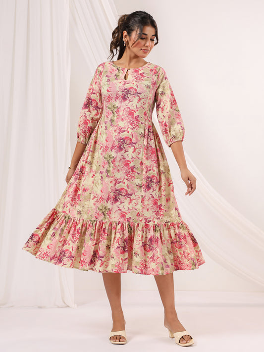 Janasya Women's Pink Pure Cotton Floral Printed A-line Dress