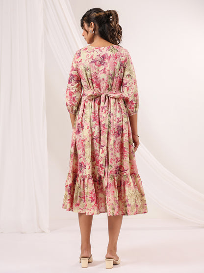 Janasya Women's Pink Pure Cotton Floral Printed A-line Dress