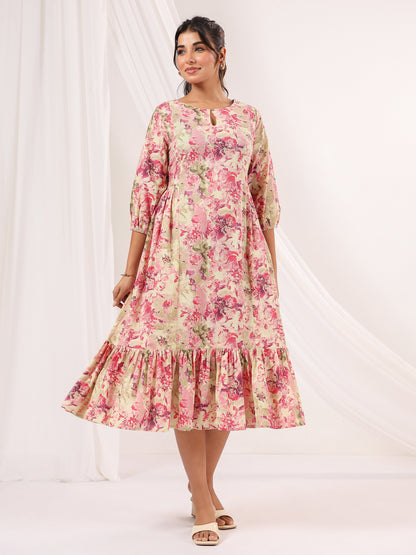 Janasya Women's Pink Pure Cotton Floral Printed A-line Dress