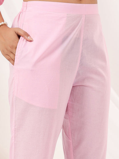 Janasya Women's Pink Pure Cotton Embroidered A-line Kurta Pant Set