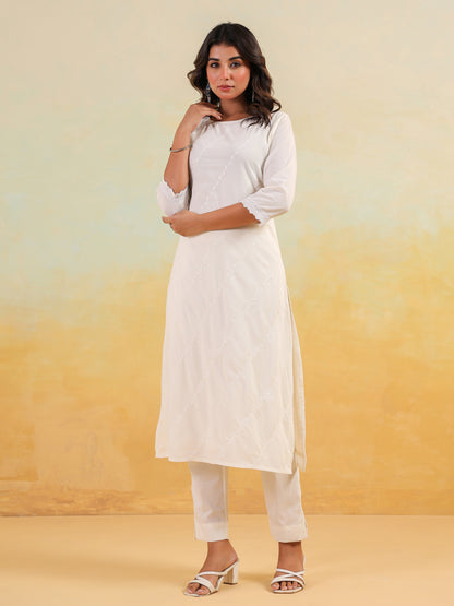 Janasya Women's Off White Pure Cotton Embroidered Straight Kurta Pant Set