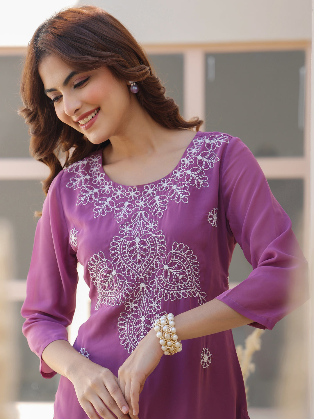 Lavender Georgette Embroidered Straight Kurta