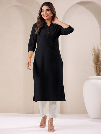 Black Cotton Solid Straight Kurta