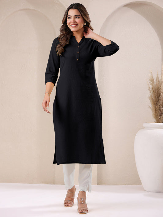 Black Cotton Solid Straight Kurta