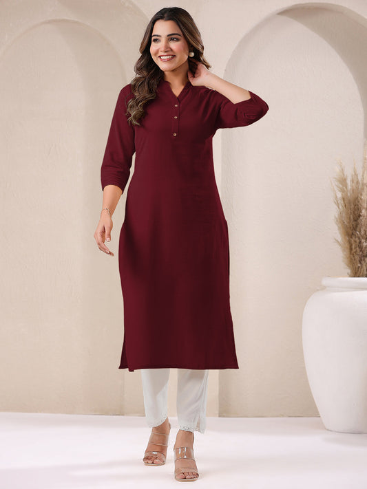Maroon Cotton Solid Straight Kurta