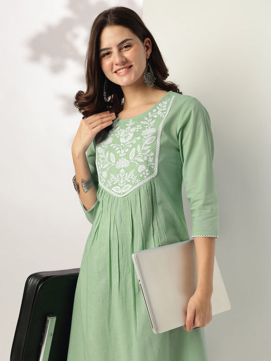 Janasya Women's Light Green Pure Cotton Yoke Embroidery A-line Kurta