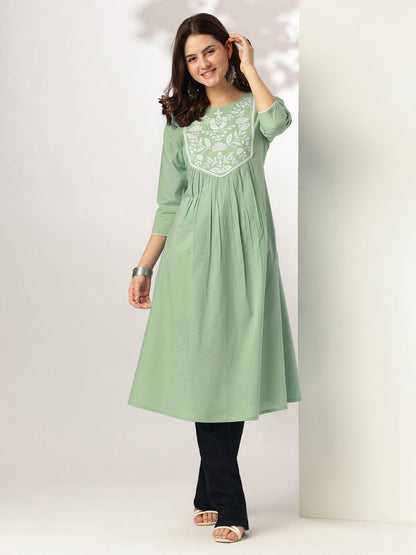Janasya Women's Light Green Pure Cotton Yoke Embroidery A-line Kurta