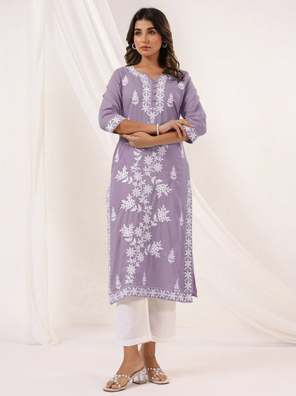 Janasya Women's Light Purple Pure Cotton Embroidered Straight Kurta