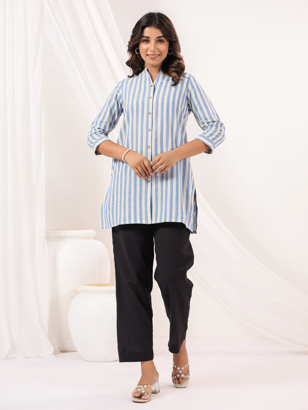 Janasya Women's White Cotton Striped Straight Short Kurti