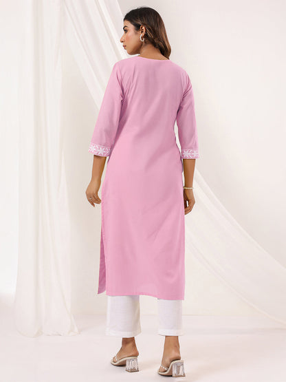 Janasya Women's Light Pink Pure Cotton Embroidered Straight Kurta
