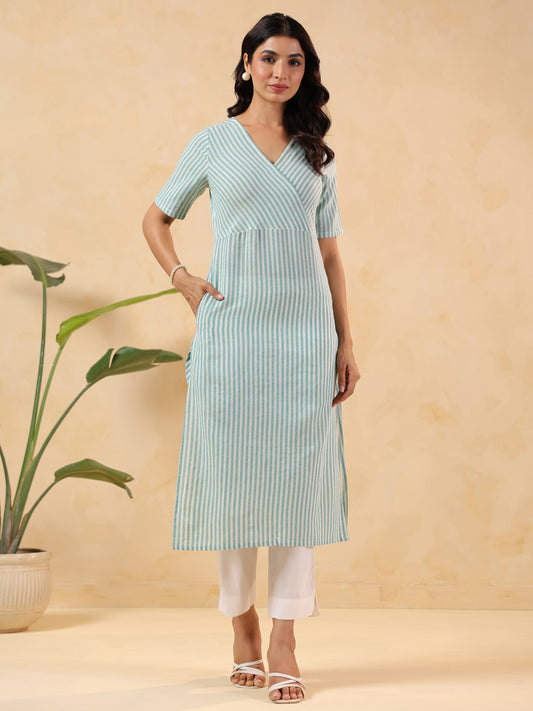 Janasya Women's White & Turquoise Cotton Striped Straight Kurta