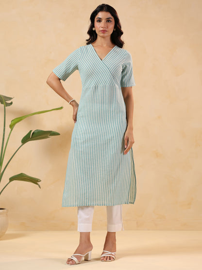 Janasya Women's White & Turquoise Cotton Striped Straight Kurta