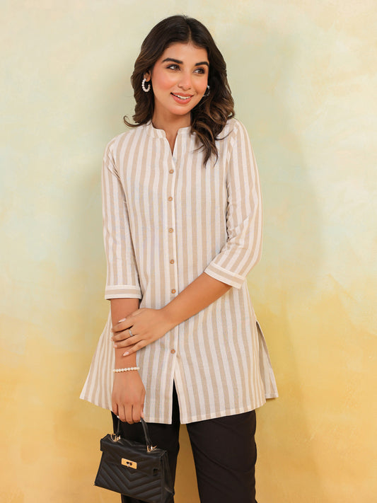 Janasya Women's Beige Cotton Striped Straight Short Kurti