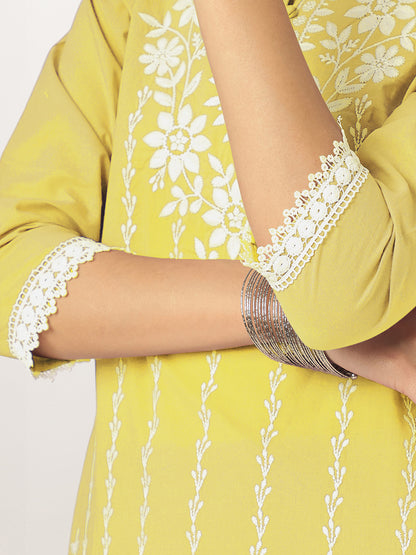 Janasya Women's Yellow Pure Cotton Embroidered Straight Kurta Set