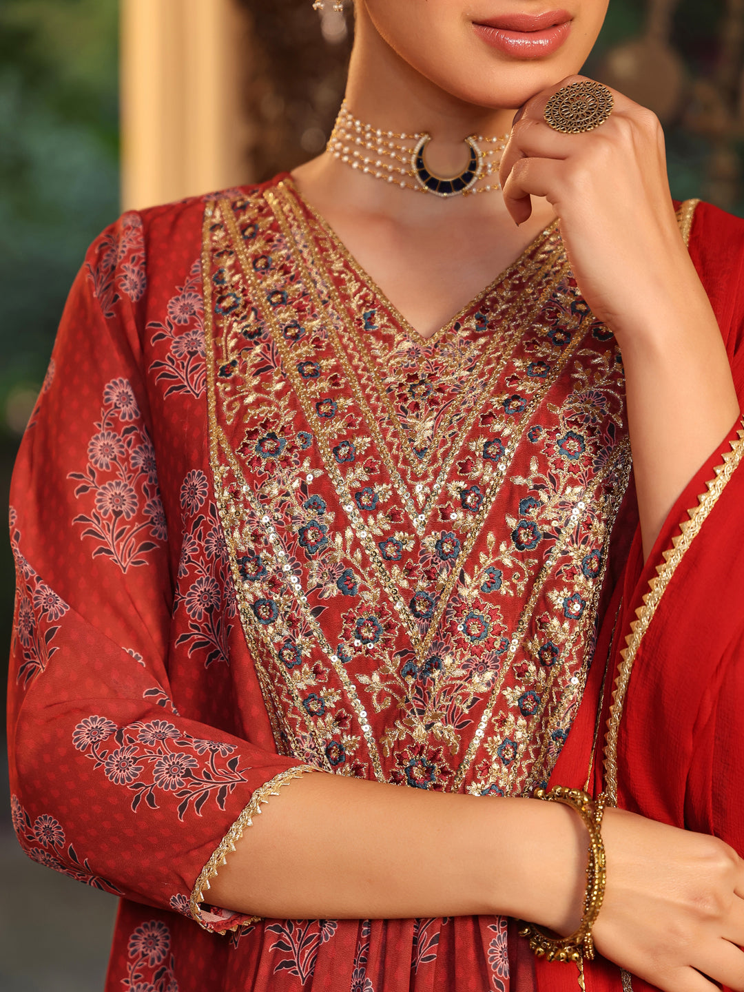 Janasya Women's Maroon Georgette Yoke Embroidered Ajrakh Printed A line Kurta Set