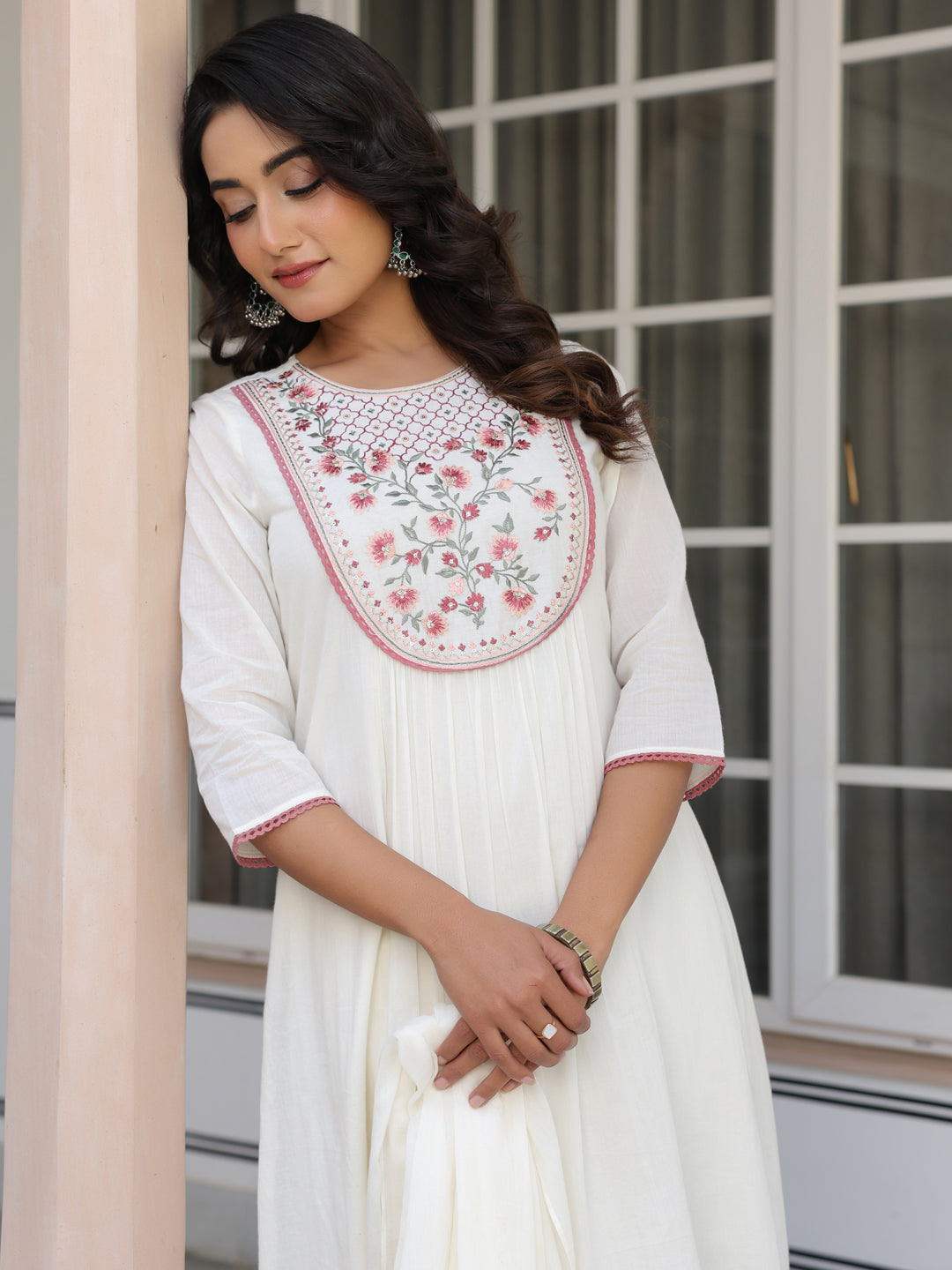 Janasya Women's Off White Pure Cotton Yoke Embroidered A-line Kurta Set