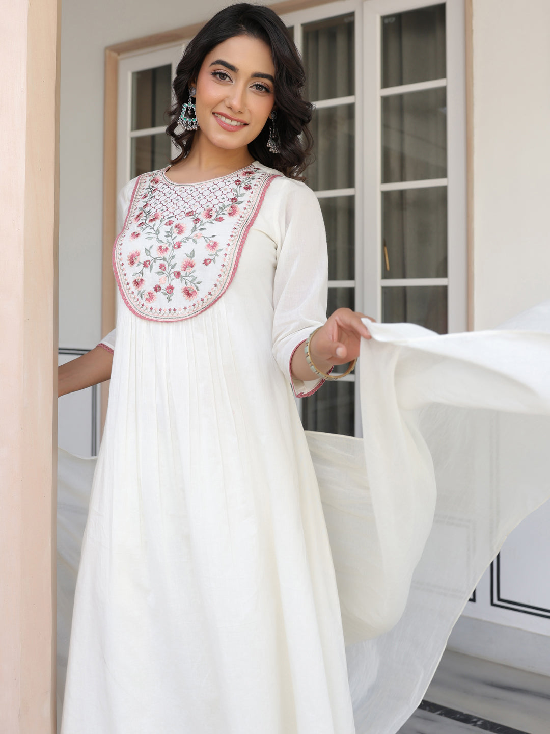 Janasya Women's Off White Pure Cotton Yoke Embroidered A-line Kurta Set