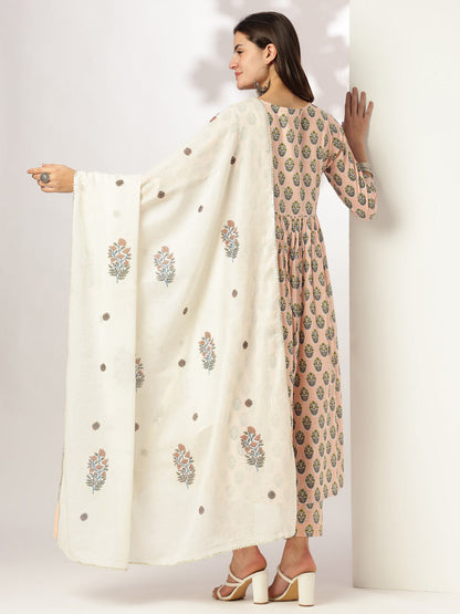 Janasya Women's Peach Pure Cotton Floral Printed A-line Kurta Set