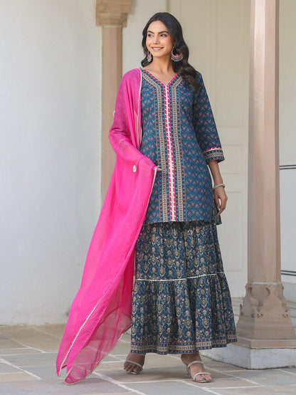 Janasya Women's Dark Blue Pure Cotton Floral Printed Straight Kurta With Sharara & Dupatta Set