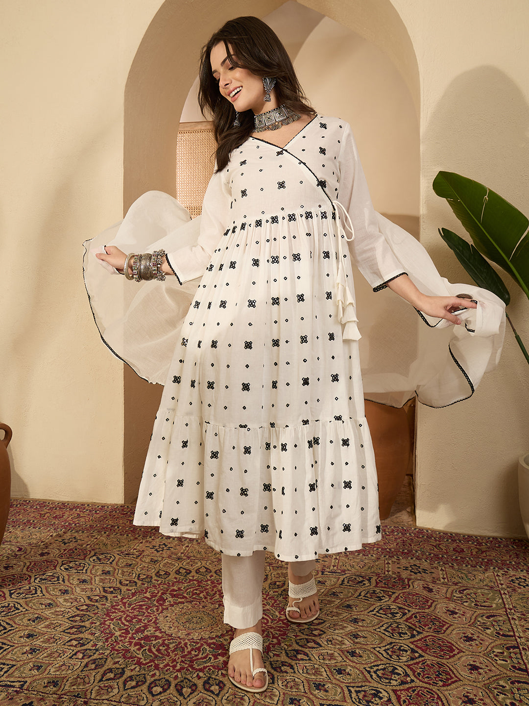 Janasya Women's White Pure Cotton Embroidered Angrakha Kurta Set