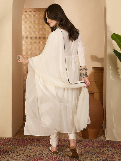 Janasya Women's White Pure Cotton Embroidered Angrakha Kurta Set