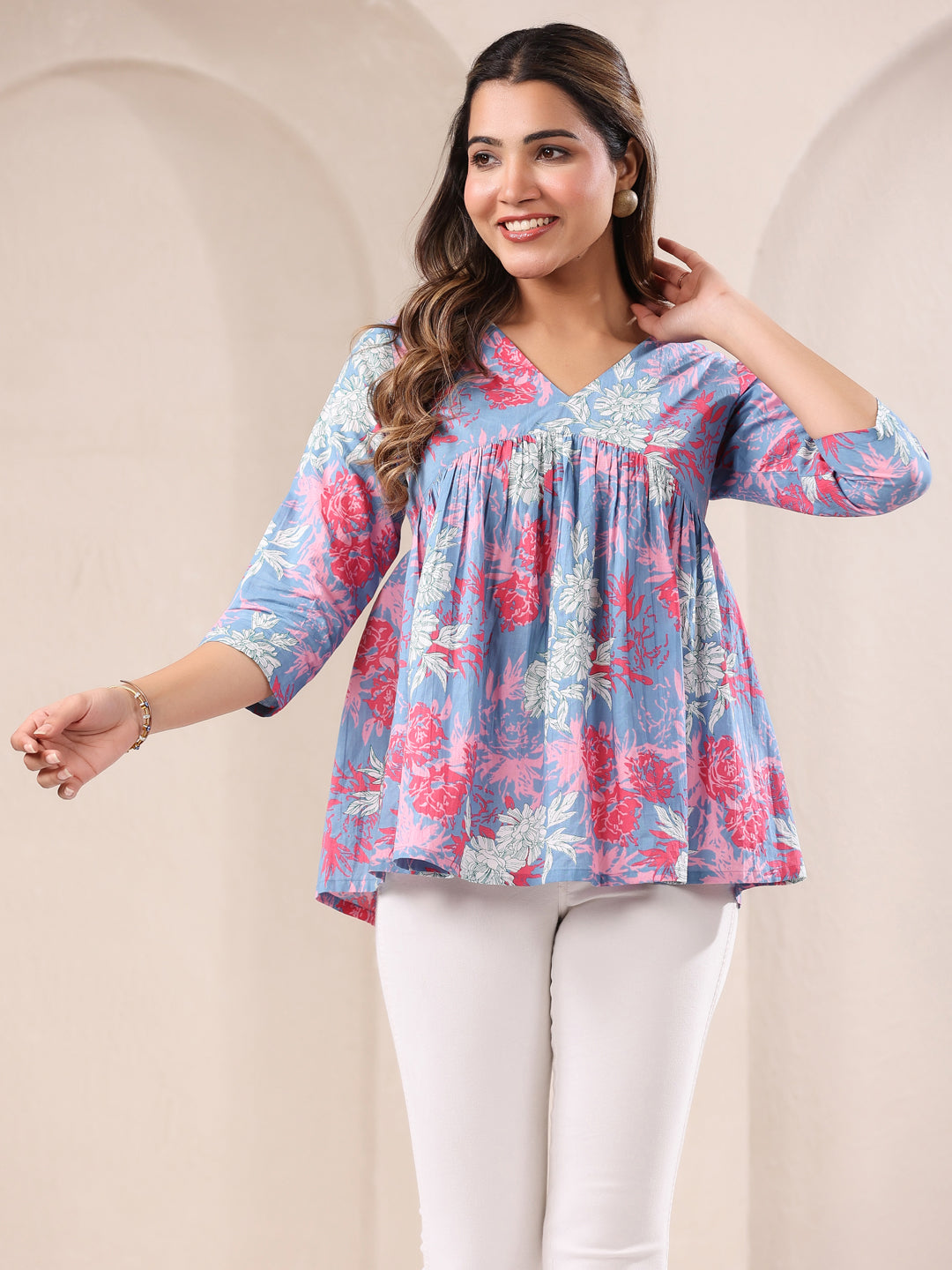 Janasya Women's Blue Pure Cotton Floral Printed A-line Top