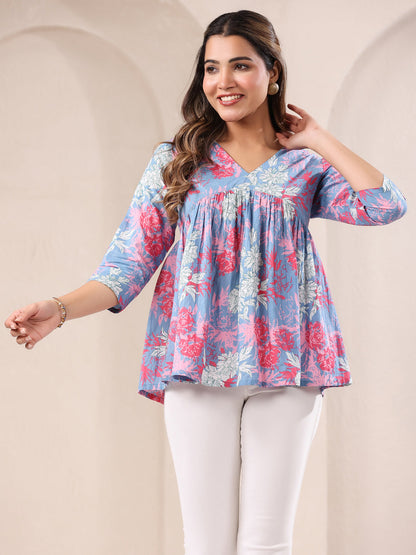 Janasya Women's Blue Pure Cotton Floral Printed A-line Top