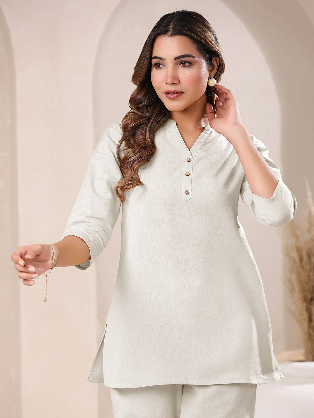 Janasya Women's Off White Cotton Solid A-line Top