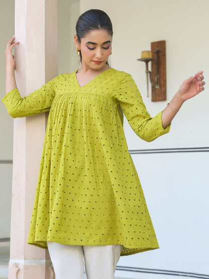 Janasya Women's Lime Green Pure Cotton Schiffli A-line Tunic