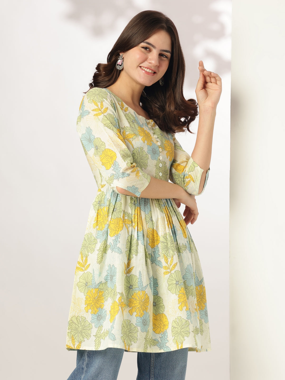 Off White Pure Cotton Floral Printed A-line Tunic For Women