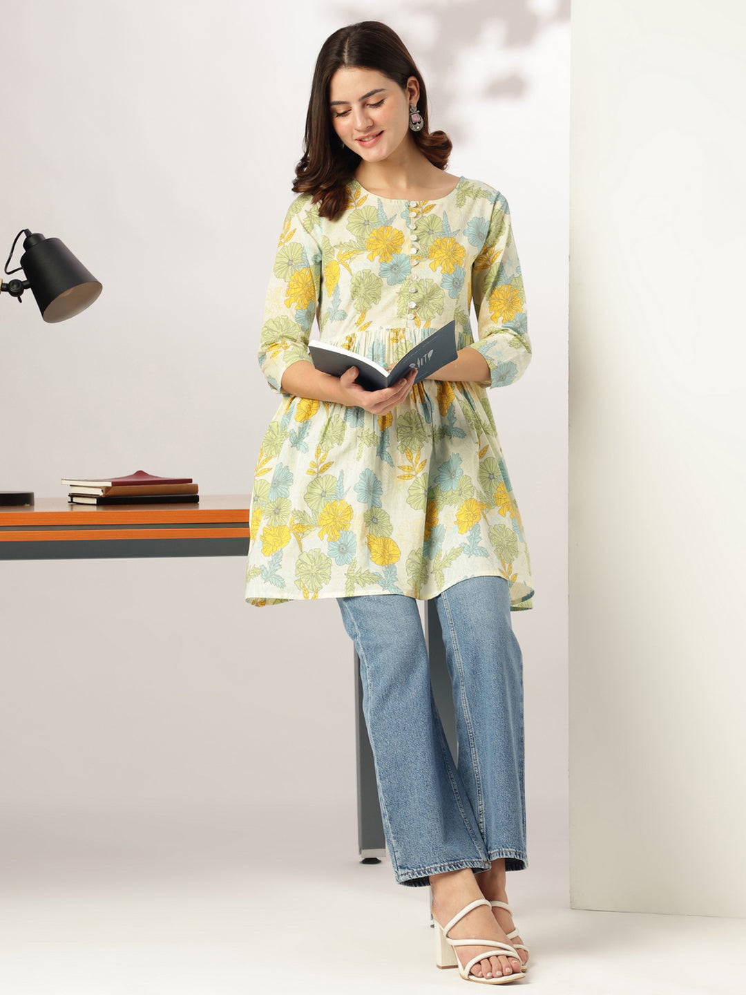 Off White Pure Cotton Floral Printed A-line Tunic