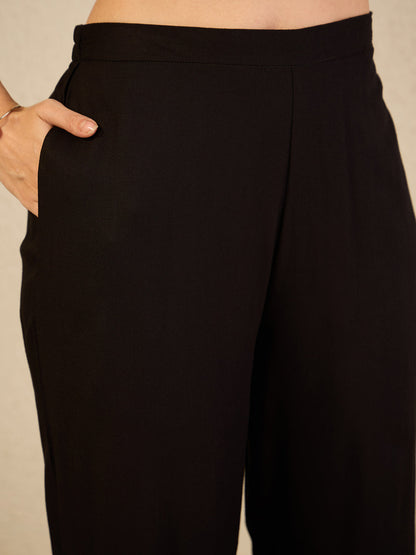 Janasya Women's Black Rayon Solid Tie-up Co-Ord Set