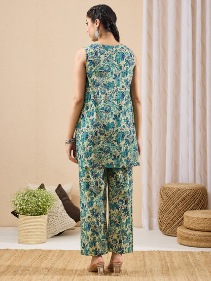 Janasya Women's Light Green Pure Cotton Floral Printed A-line Co-ord Set