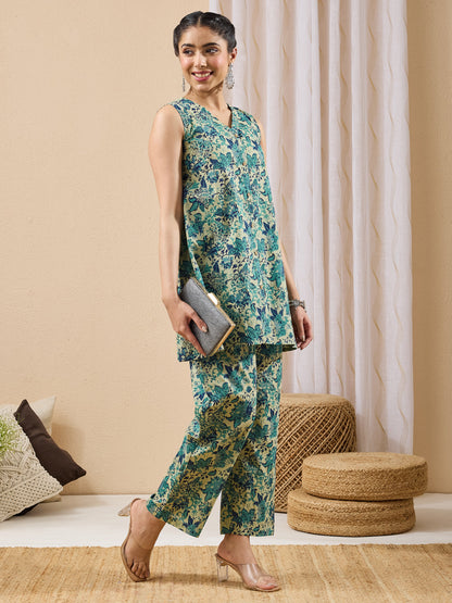 Janasya Women's Light Green Pure Cotton Floral Printed A-line Co-ord Set