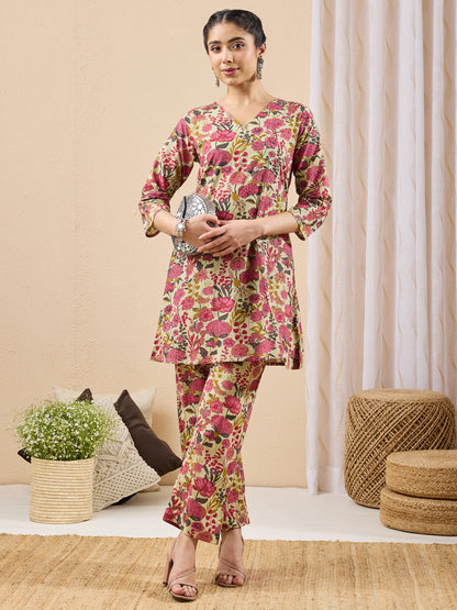 Janasya Women's Mint Color Cotton Floral Printed A-line Co-ord Set