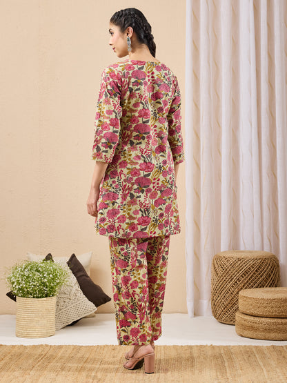 Janasya Women's Mint Color Cotton Floral Printed A-line Co-ord Set