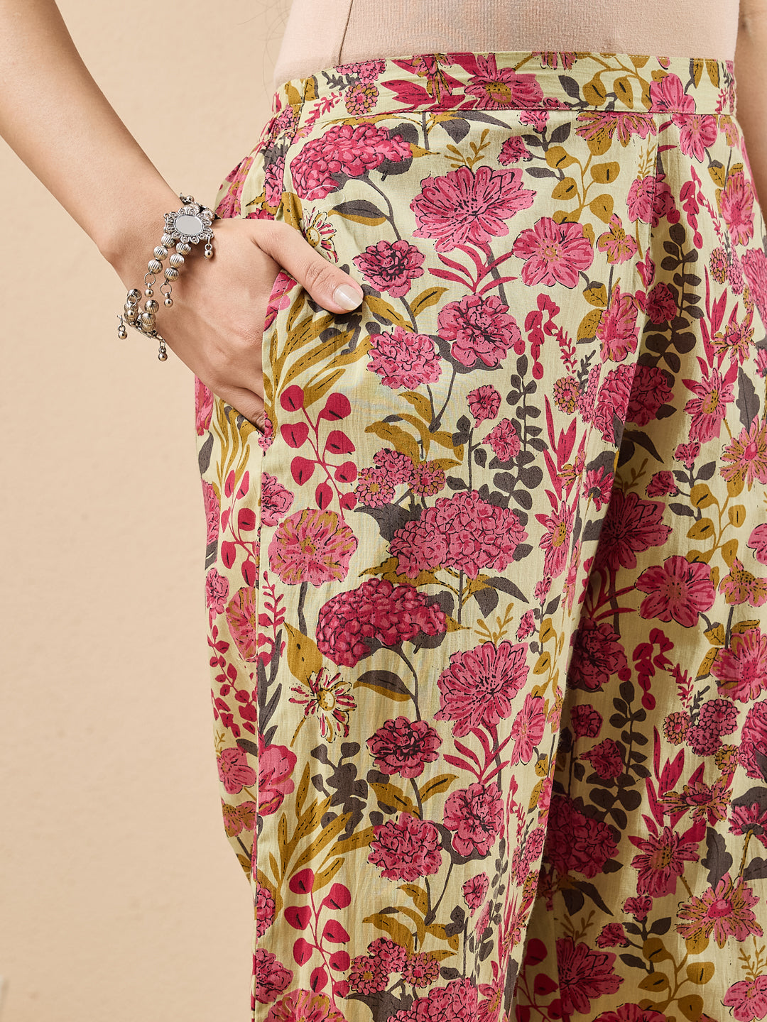 Janasya Women's Mint Color Cotton Floral Printed A-line Co-ord Set