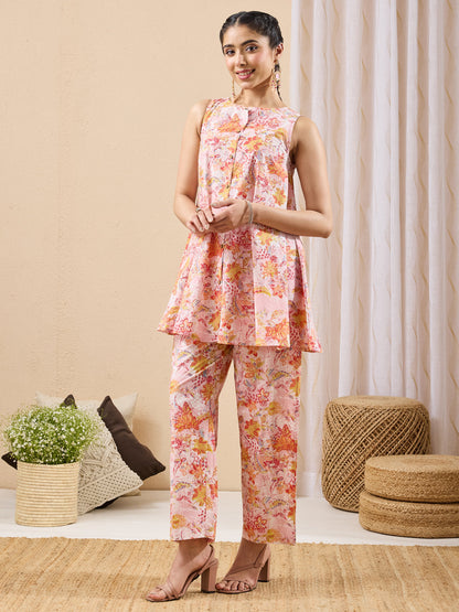 Janasya Women's Light Pink Pure Cotton Floral Printed A-line Co-ord Set