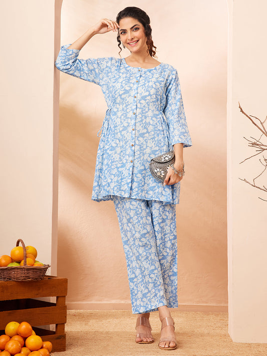 Janasya Women's Light Blue Pure Cotton Floral Printed A-line Co-ord Set
