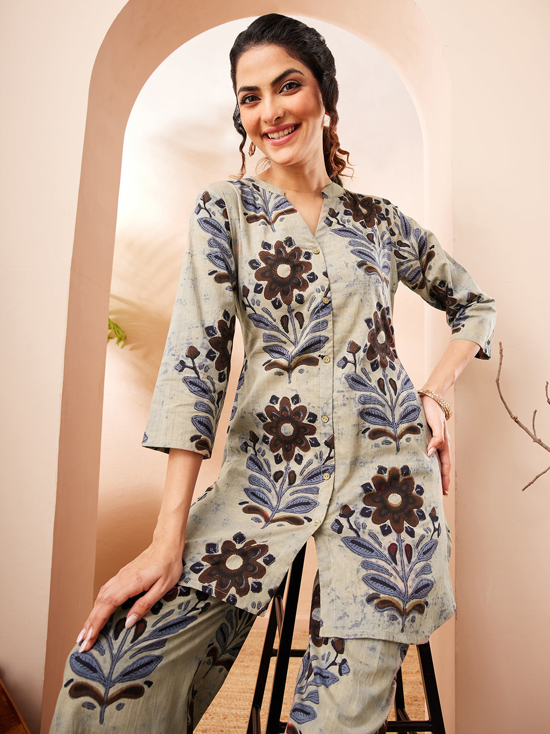 Janasya Women's Multicolor Pure Cotton Floral Printed A-line Co-ord Set